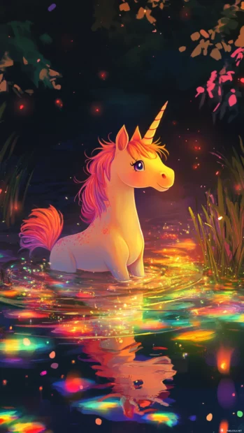Cartoon style unicorn playing in a pond of sparkling rainbows.