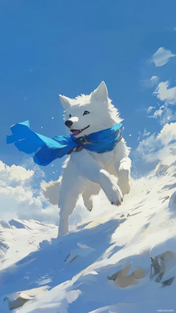 Cartoon style white wolf with blue scarf running joyfully across snowy hills.