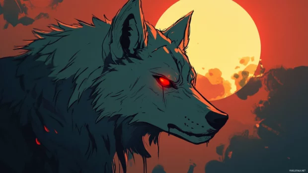 Cartoon style wolf with exaggerated eyes howling at a glowing moon.