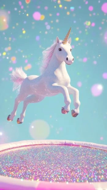 Cartoon unicorn bouncing across a glittery trampoline sky.
