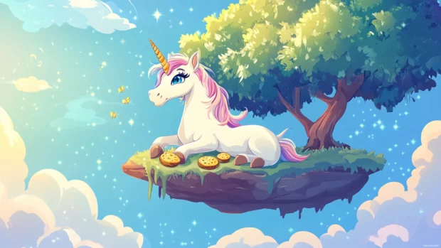 Cartoon unicorn eating magical cookies beneath a floating tree.