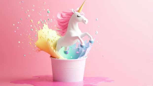 Cartoon unicorn jumping out of a magical paint bucket.