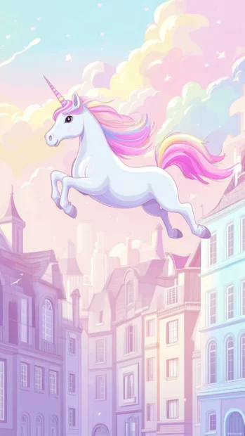 Cartoon unicorn leaping over pastel buildings in a soft Aesthetic dreamy unicorn background.