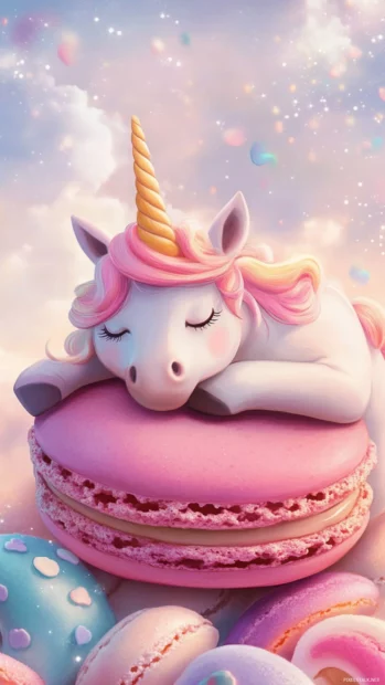 Cartoon unicorn napping on a giant macaron in this Cartoon pastel unicorn background.