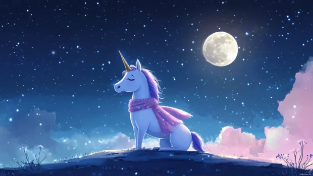Cartoon unicorn wrapped in a sparkling scarf under moonlight.