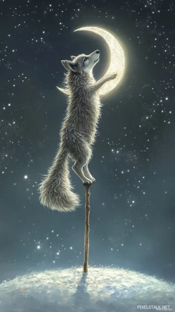 Cartoon wolf balancing on a crescent moon with sparkles in the sky.