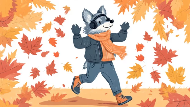 Cartoon wolf wearing headphones, dancing under falling autumn leaves.