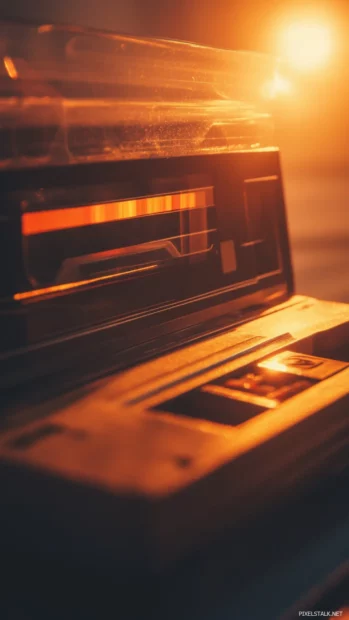 Cassette player ejecting tape in soft warm light.
