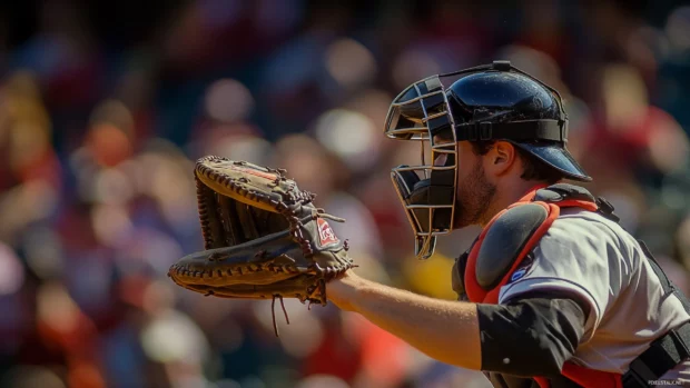 Catcher framed against the crowd in dramatic angle in baseball.