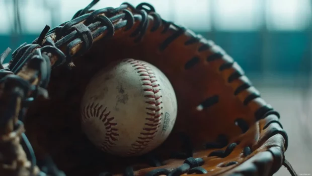 Catcher mitt baseball resting mitt leather details sharp focus.