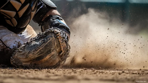 Catchers crouched behind home plate with dust rising.