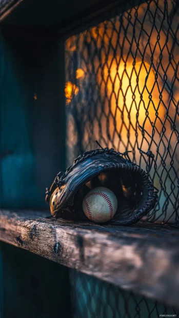 Catchers mask and mitt on wooden shelf at twilight.