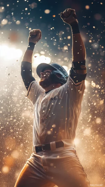 Celebration after a game winning hit, baseball wallpaper portrait.