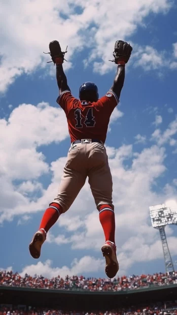 Celebration jump caught mid air during baseball moment.