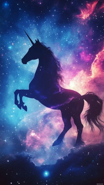 Celestial unicorn silhouette illuminated by a nebula glow.