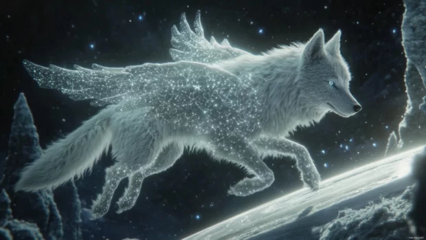 Celestial wolf with wings made of constellations flying over a ringed planet.
