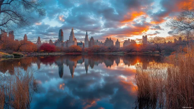 Central Park and surrounding New York City towers at golden hour.