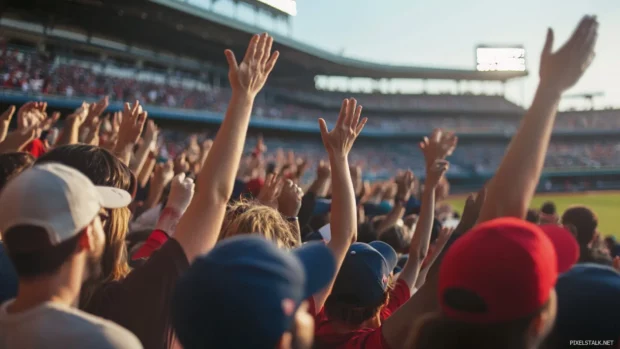 Cheering fans caught mid action during a home run.