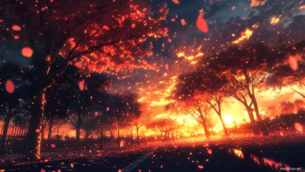 Cherry blossoms gently fall in vibrant Anime sky, warm glowing sun sets over peaceful park.