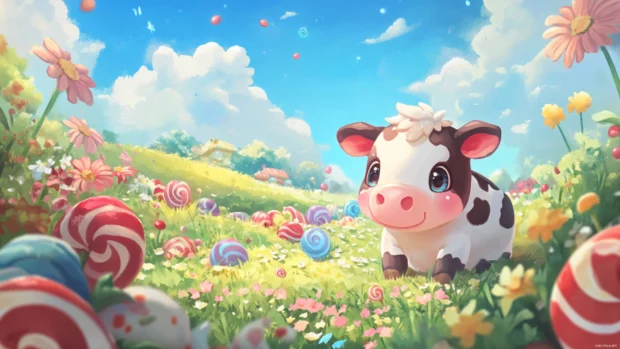 Chibi Cute Cow wallpaper showing a chibi cow playing in a candy garden.