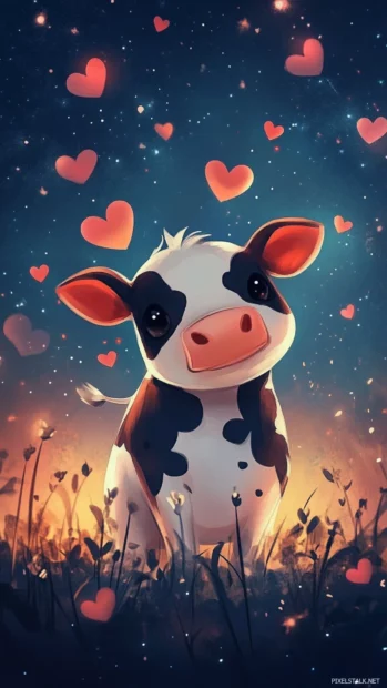 Chibi Cute Cow wallpaper with a starry sky and floating hearts around cow.