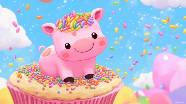 Chibi Pink Cow smiling at rainbow sprinkles on a cupcake hill.