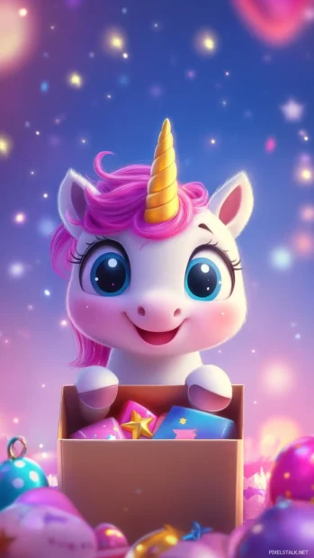 Chibi Unicorn peeking out of a box of surprises.