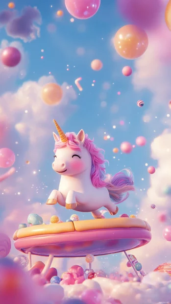 Chibi Unicorn playing on a candy trampoline under pastel clouds.