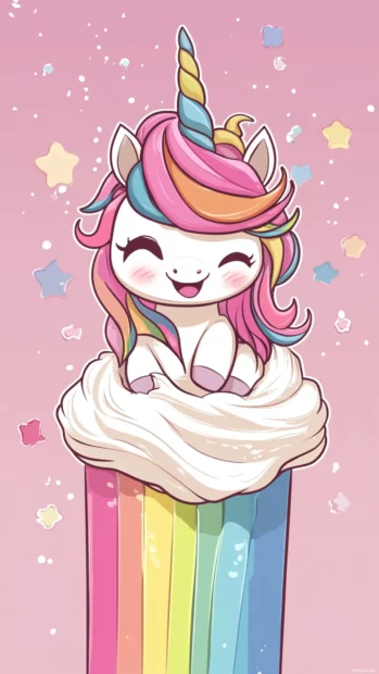 Chibi Unicorn sliding down a whipped cream rainbow.