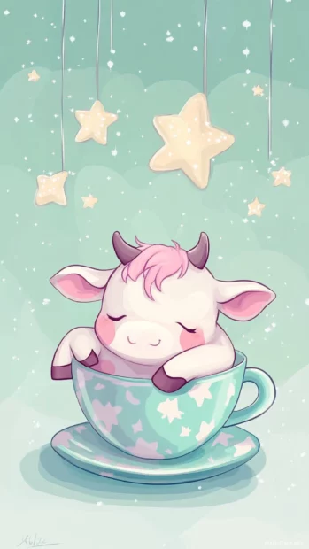 Chibi cow sleeping in a teacup under sparkly stars, part of Kawaii Cow character art.