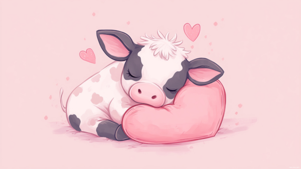Chibi cow wallpaper aesthetic showing a sleepy little cow holding a heart pillow.