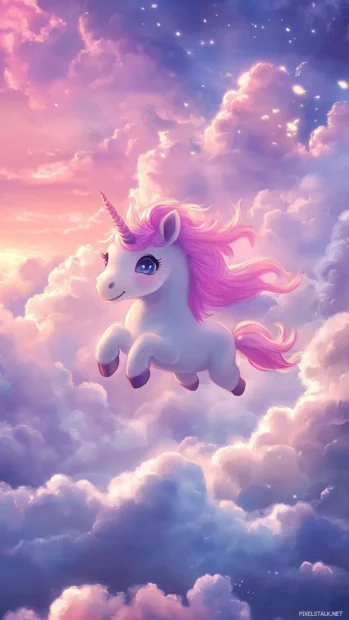 Chibi unicorn flying through clouds in this Chibi unicorn wallpaper.