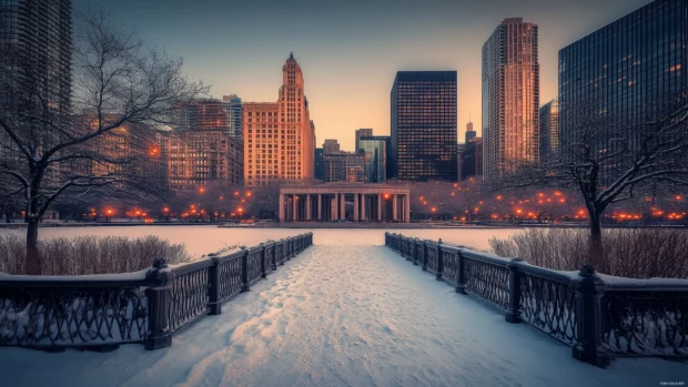 Chicago in winter, with snow on buildings and a clear sky, showcasing landmarks like the Art Institute and Millennium Park.