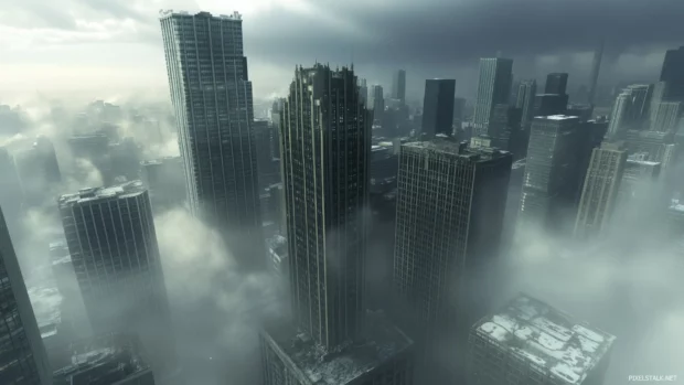 Chicago skyline in mist, tallest skyscrapers above fog, mysterious ethereal atmosphere.