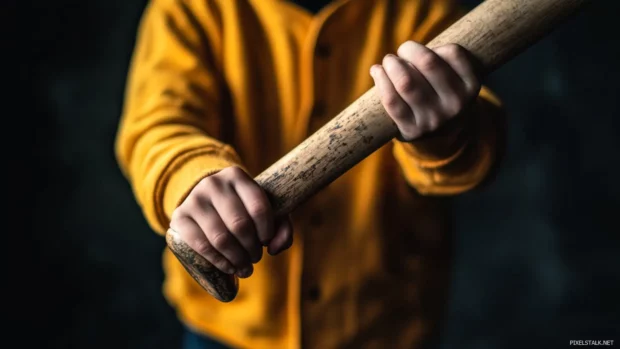Child holding a baseball bat too big for their hands.