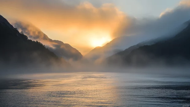 Chilly mist thickens as the sunrise breaks through.