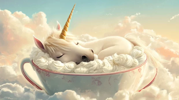 Chubby unicorn snoozing in a giant teacup with whipped cream clouds.