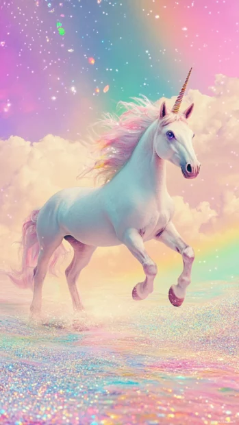 Chubby unicorn walking on sparkling rainbow tiles in pastel scenery.