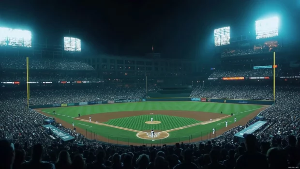 Cinematic baseball wallpaper 4k featuring a packed stadium under bright lights.