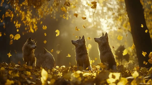 Cinematic low angle showing wolves on alert in a glowing forest with golden leaves.