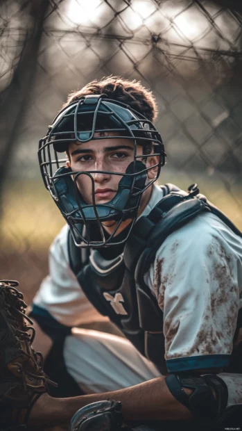 Cinematic scene of catcher crouched with focus during baseball match.