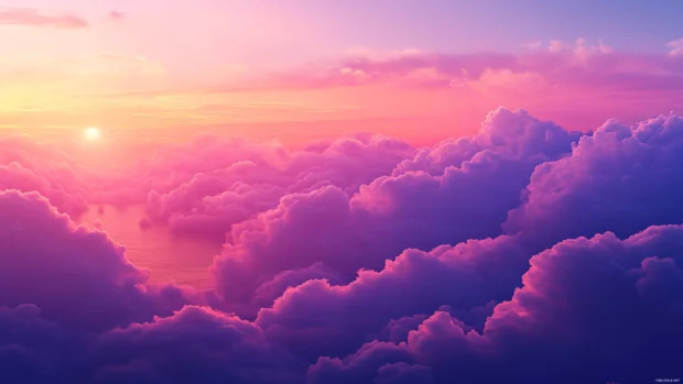 Cinematic sunrise view with vibrant clouds, glowing over ocean horizon, Sunrise Desktop Wallpaper with Clouds.