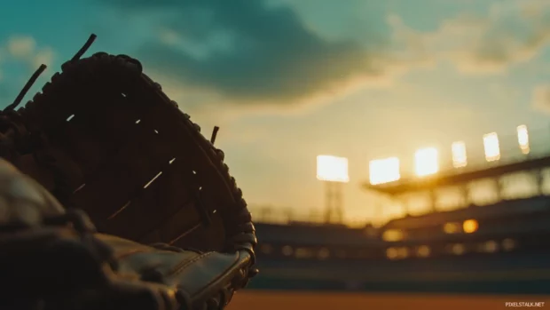 Cinematic view of baseball stadium at dusk with baseball glove background.