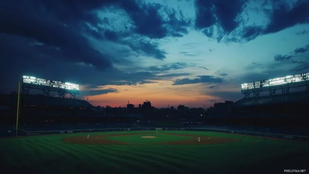 Cinematic view of baseball stadium at dusk with pitchers mound wallpaper.
