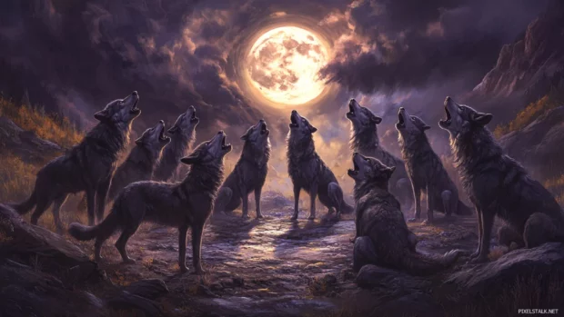 Circle of wolves raise their voices together under the full moon.