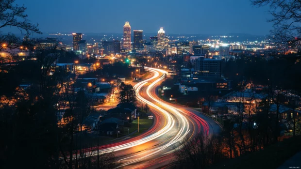 City Lights sparkle over winding urban roads at midnight.