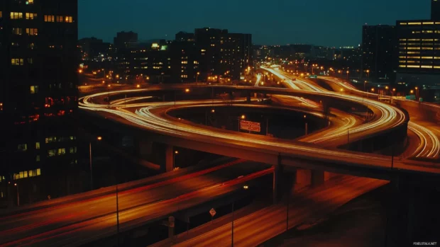 City Night captured from a rooftop with glowing highways.
