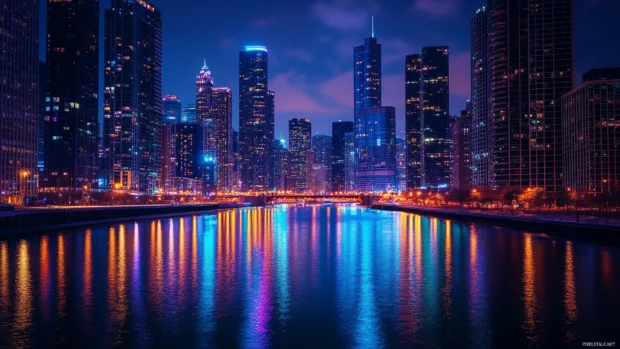 City Night reflections dance on calm river waters.