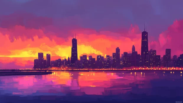 City lights glow against vibrant purple and orange sky, dramatic dusk Chicago skyline.