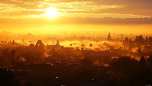 City rooftops glisten under the first rays of sunrise.